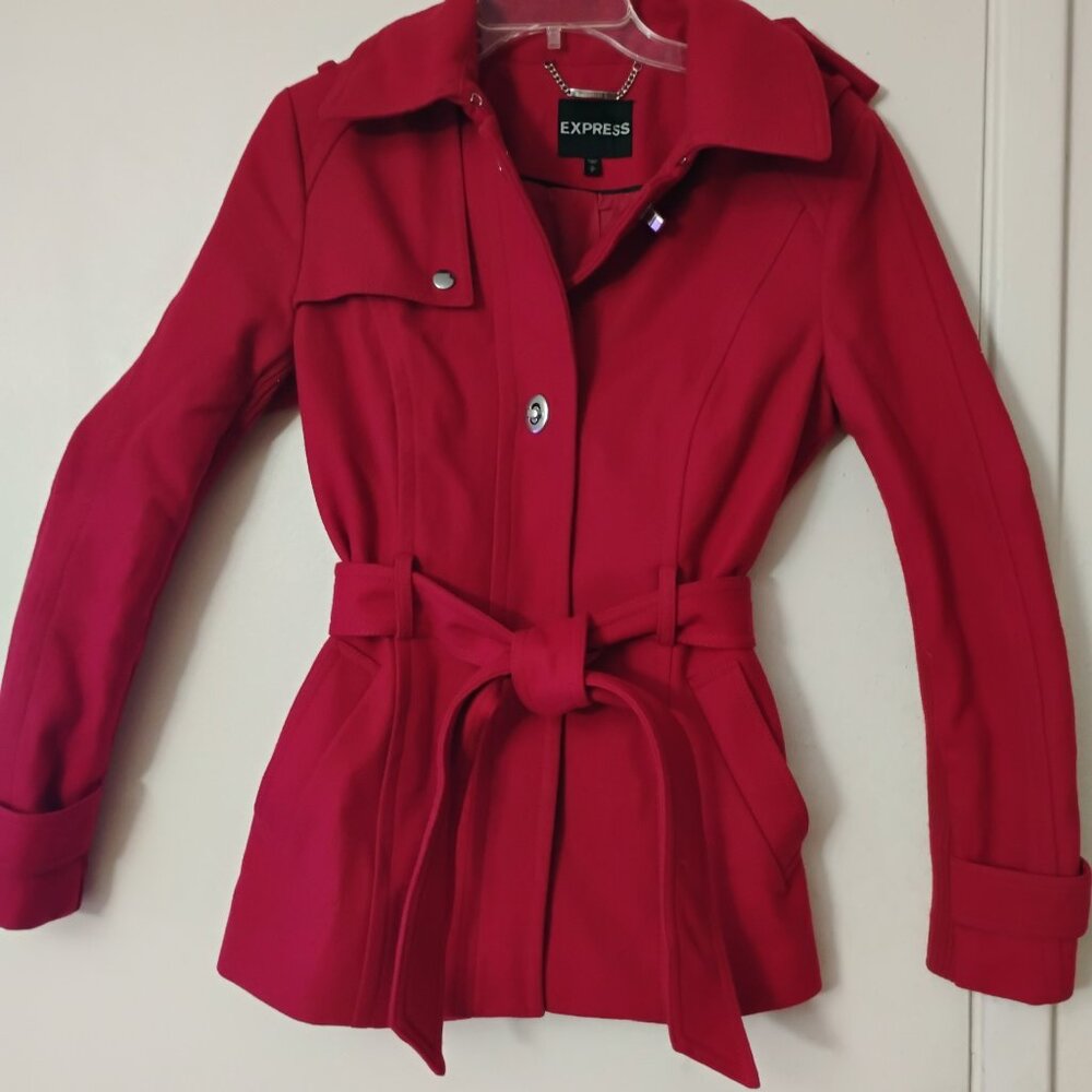 Express Classic Wool Blend Red Coat  Knit Trim on Sleeves Toggle Tie Belt